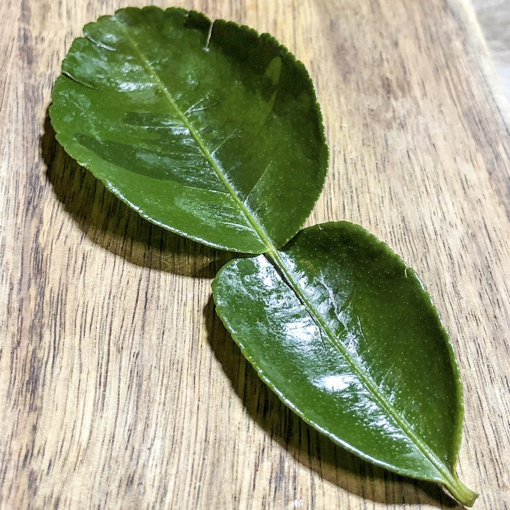Dahoen djeroek poeroet (of daun jeruk purut) is het donkergroene, gekartelde blad van de Citrus Hystrix boom uit Zuid-Oost Azië